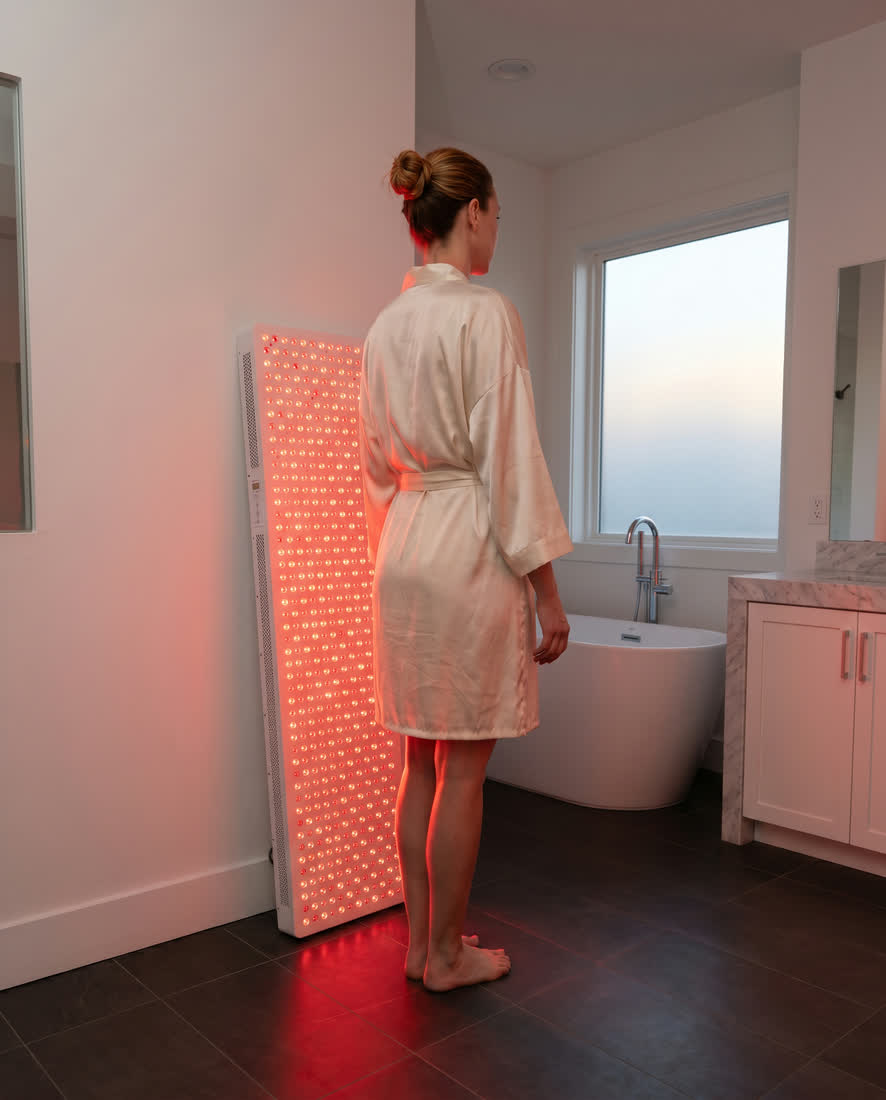Woman in morning light beside the full-size Elite panel on its stand