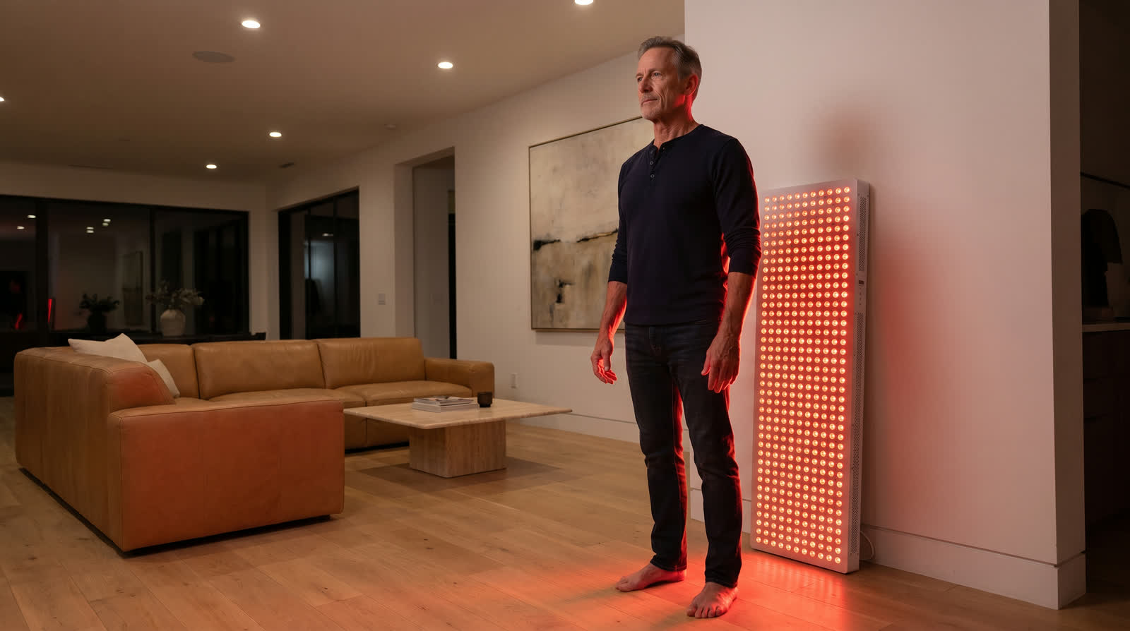 Man with the Elite panel in a living room at evening