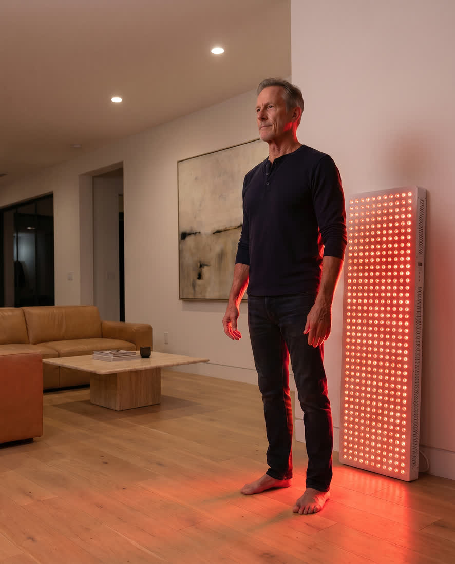 Man with the Elite panel in a living room at evening