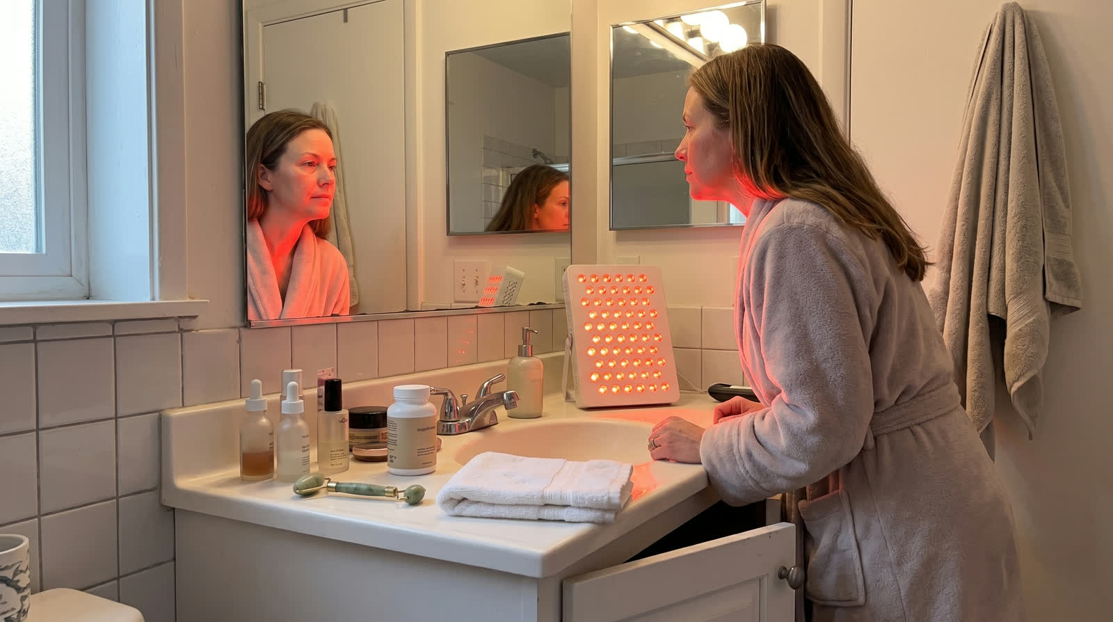 Woman at a vanity using the Mini panel for a skincare ritual