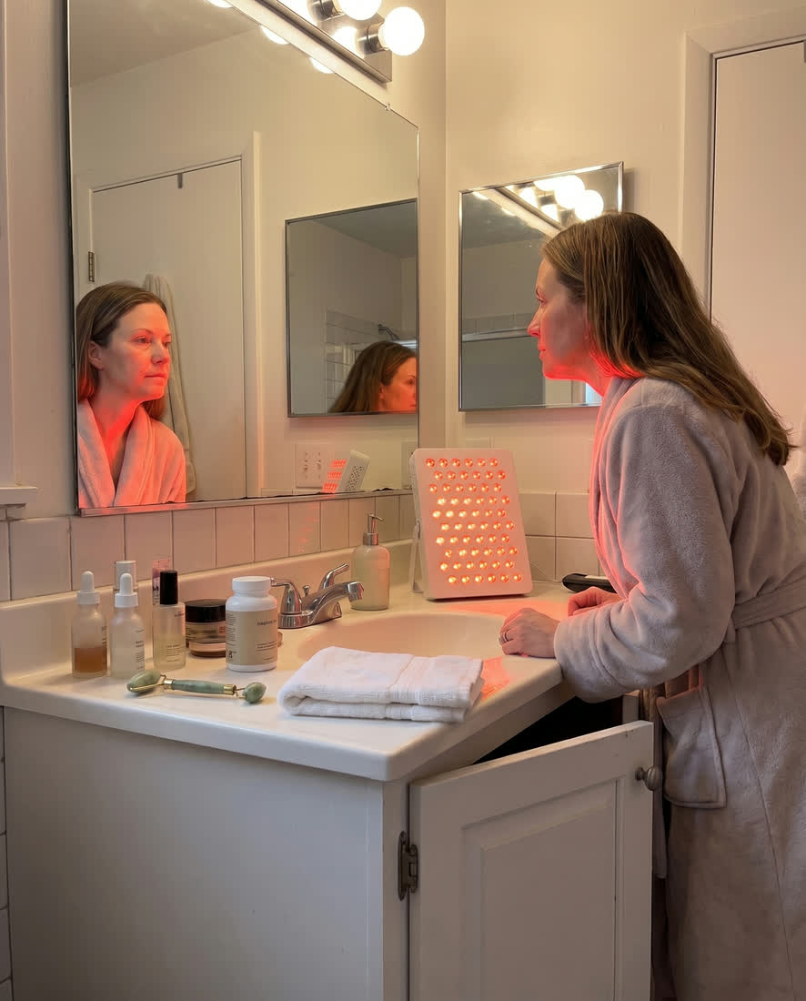Woman at a vanity using the Mini panel for a skincare ritual