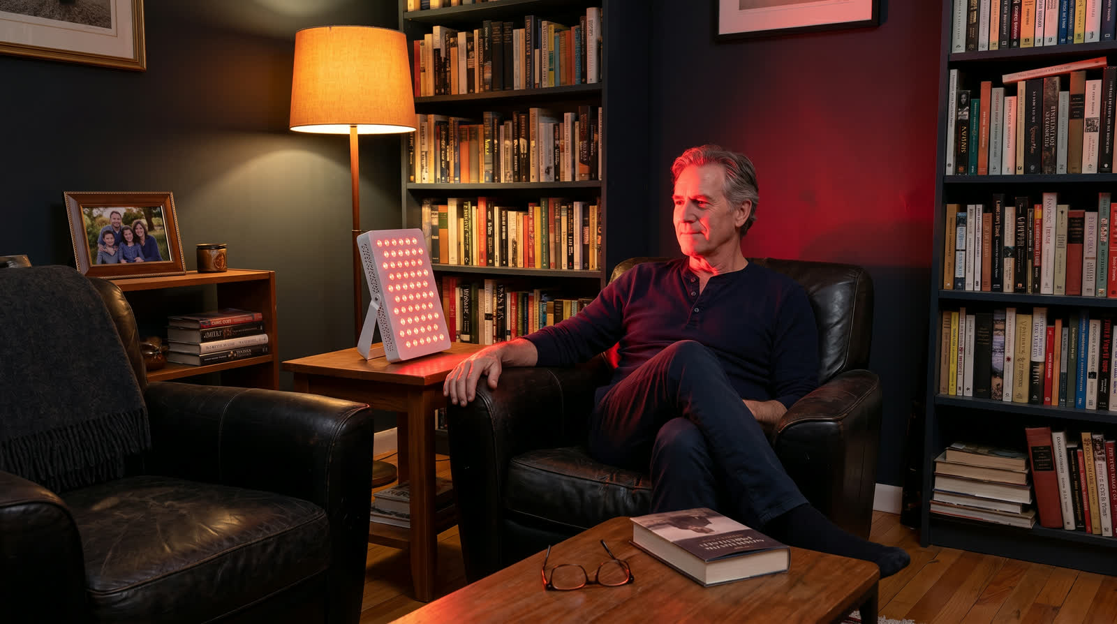 Man with the Mini panel on a side table during a quiet evening