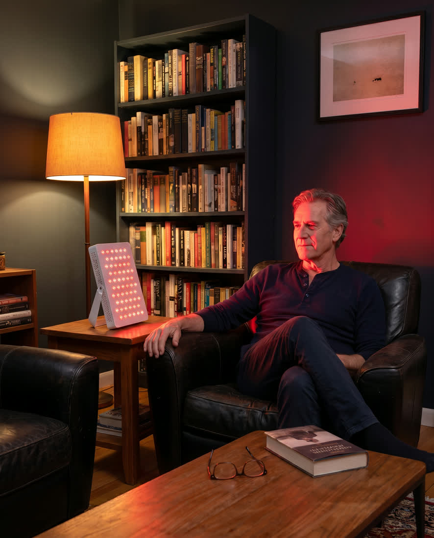 Man with the Mini panel on a side table during a quiet evening