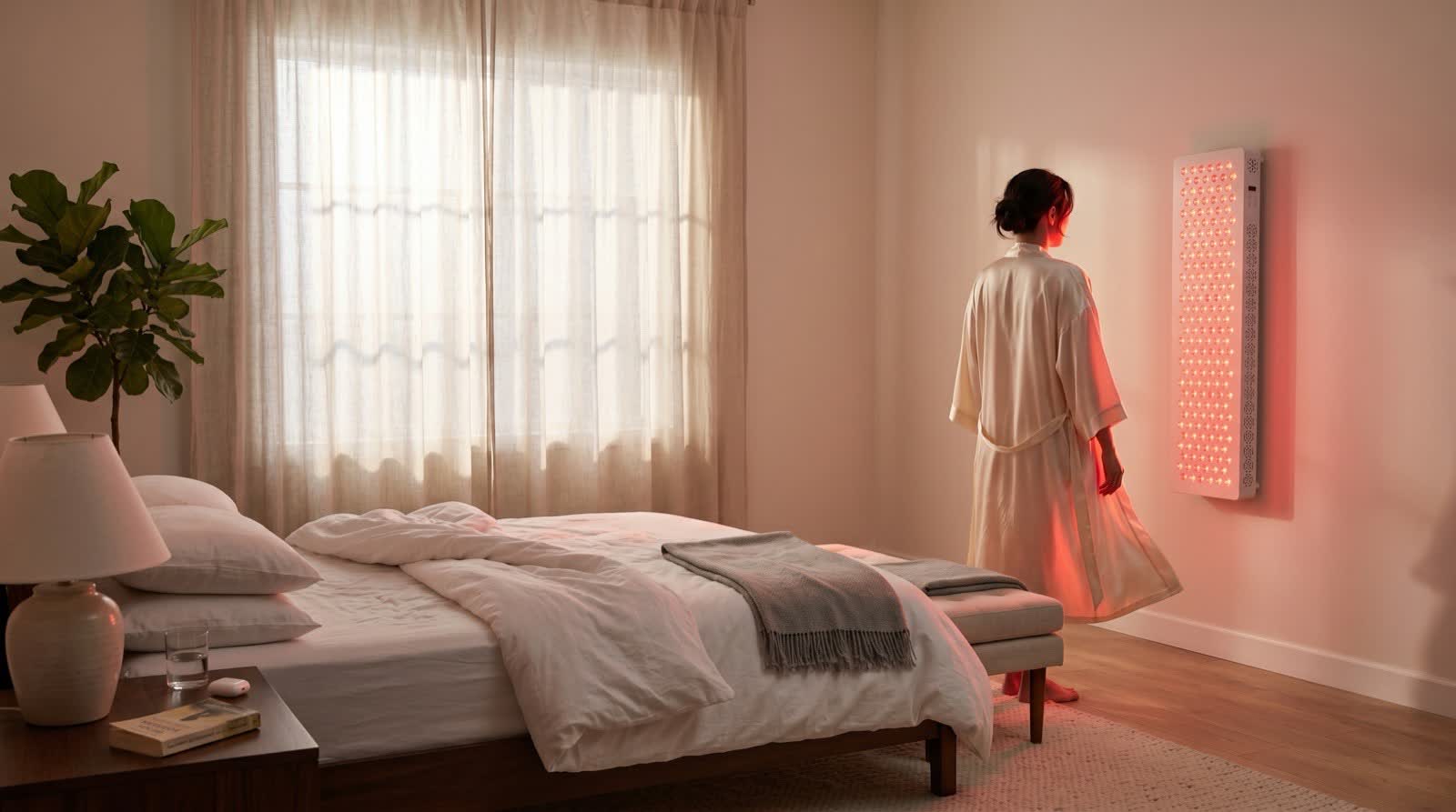 A woman in a cream robe stands by a wall-mounted Vaere panel as morning light fills the room