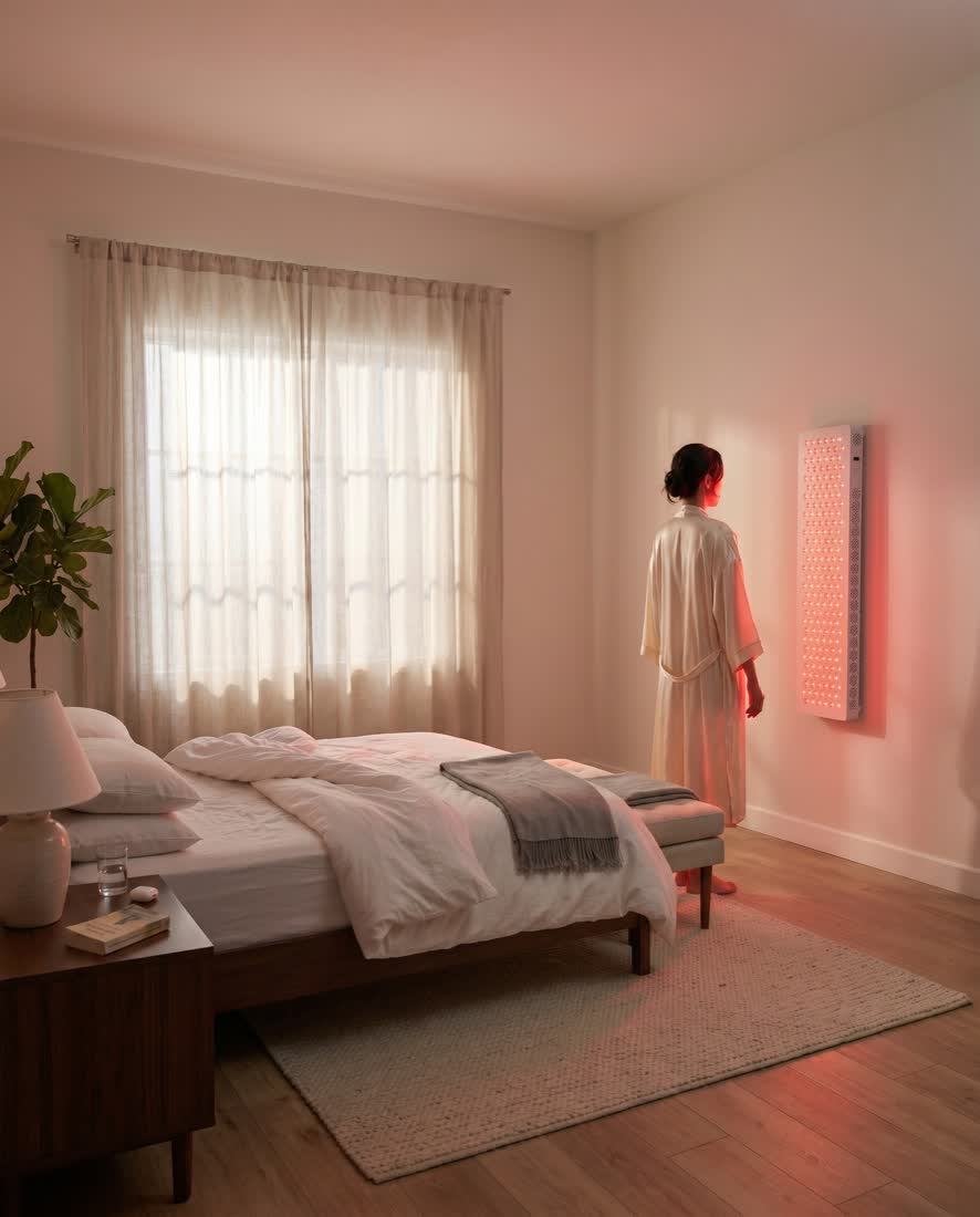 Woman in morning light with the panel mounted on a bedroom wall