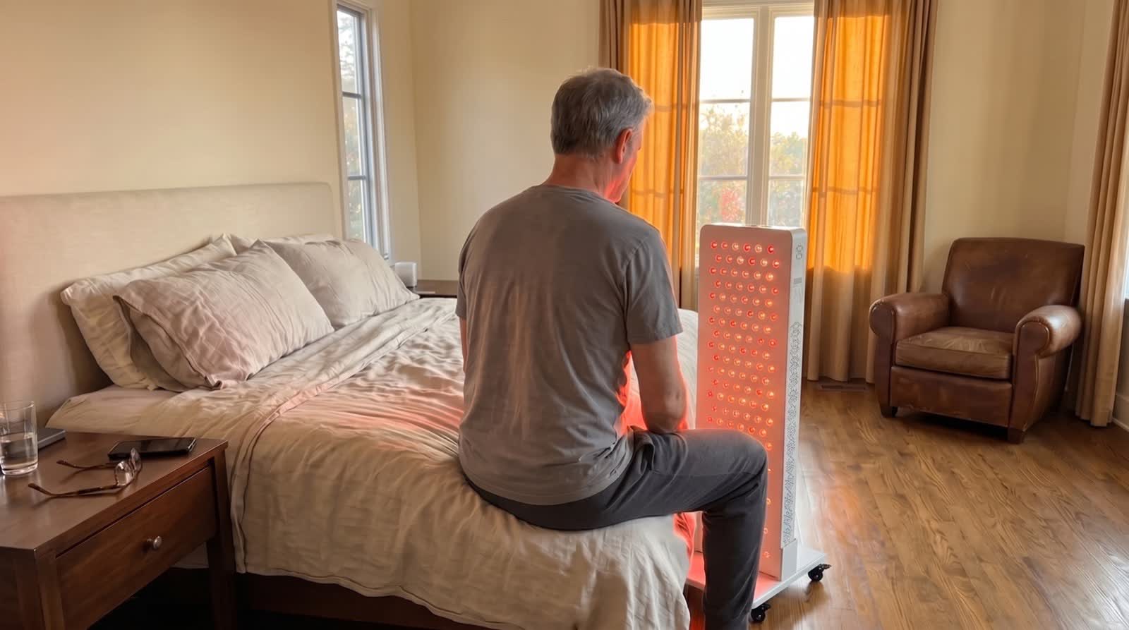 Man sitting on the edge of a bed at golden hour, panel illuminating the room