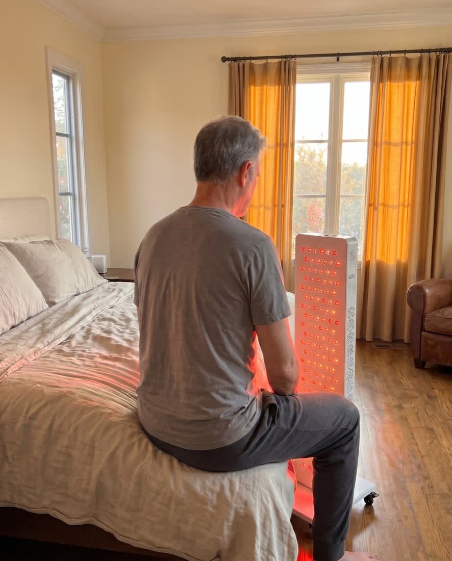 Man sitting on the edge of a bed at golden hour, panel illuminating the room